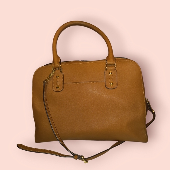 Michael Kors Medium Dome Signature Leather Dome X Crossbody Satchel in Camel - Picture 4 of 15